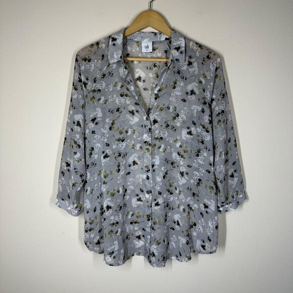 CAbi Floral Sheer Button Up Matinee Top Gray Womens Size M Relaxed Fit Office - Picture 2 of 6